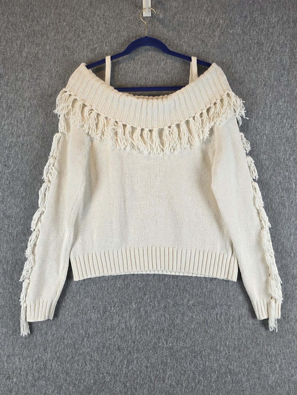 Shyanne Tassle Fringe Fold Over Sweater Cream Wmn's XL